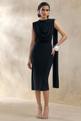 Lysandria Black High Neck Midi Dress With Draped Detailing