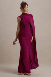 Maeve Burgundy Cape Sleeve Draped Maxi Dress
