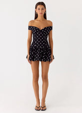Endless Romance Off Shoulder Mini Dress Black Polkadot