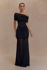 Caspian Slinky And Mesh Off Shoulder Maxi Dress Black