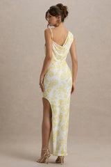 Sitara Lemon Porcelain Print Cowl Neck Maxi Dress With Asymmetric Skirt