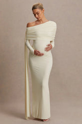 Cyra Cream Asymmetric Neck Maternity Maxi Dress With Sash