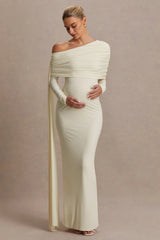 Cyra Cream Asymmetric Neck Maternity Maxi Dress With Sash