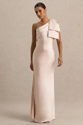 Valerie Light Pink Satin Asymmetric Neck Maxi Dress With Bow Detail