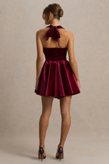 Mirage Burgundy Velvet Halter Neck Mini Dress With Skater Skirt