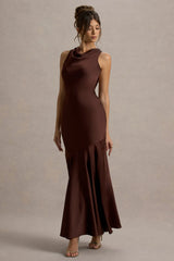 Amelita Brown Satin Cowl Neck Maxi Dress