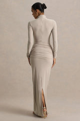 Myra Champagne High Neck Maxi Dress With Sash and Ruched Detailing