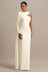 Dawn Cream High Neck Maxi Dress With One Long Cape Sleeve