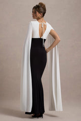Grace Kelly Black White Plunge Neck Maxi Dress With Cape Sleeves