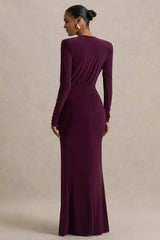 Flashy Burgundy Plunge Neck Maxi Dress With Ruched Detailing
