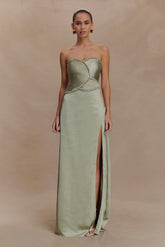 Larissa Satin Maxi Dress With Ruched Petals Sage