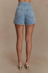 Kylee Embroidered Shorts Mid Blue