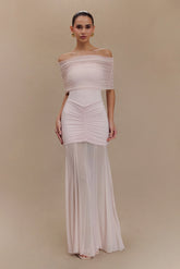 Caspian Slinky And Mesh Off Shoulder Maxi Dress Pale Pink