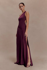 Lyla Asymmetrical Satin Maxi Dress Plum