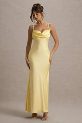 Eimear Lemon Satin Draped Sweetheart Maxi Dress