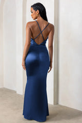 Lifetime Navy Satin Cowl Neck Maxi Dress With Cross Back Detail