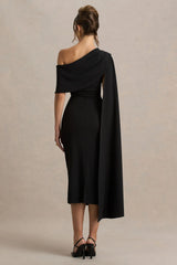Leah Black Asymmetric Neck Midi Dress With Cape Sleeve