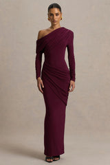 Perrie Burgundy Asymmetric Neck Maxi Dress With Ruched Detailing