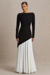 Caty Black And White Long Sleeved Maxi Dress With Asymmetric Drop Waist