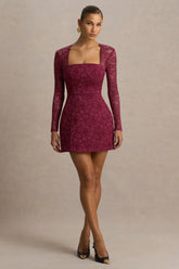 Bijou Burgundy Square Neck Lace Long Sleeve Mini Dress