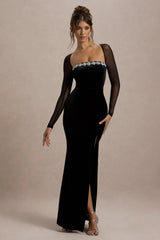 Ashby Black Velvet Embellished Square Neck Split Maxi Dress