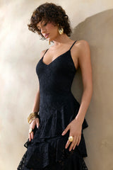 Avelisse Black Lace Plunge Neck Maxi Dress With Ruffled Detailing