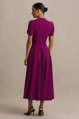 Vicky Mulberry High Neck Midi Dress With Puff Sleeves