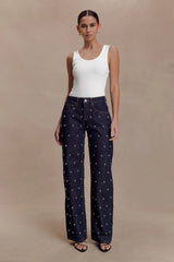 Alima Mid Rise Stud Denim Jeans Washed Indigo Blue