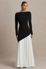 Caty Black And White Long Sleeved Maxi Dress With Asymmetric Drop Waist