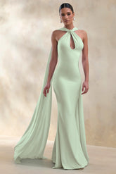 Rhoda Mint Twist Halter Neck Cape Maxi Dress