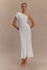 Chloe Peached Jersey One Shoulder Midi Dress Ivory