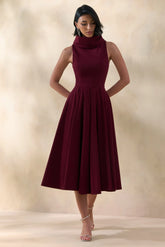 Exclusivity Burgundy High Neck Midi Dress
