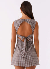 Lotus Tie Back Mini Dress Chocolate Gingham