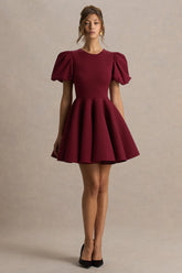 Emelia Burgundy Puff Sleeve Skater Mini Dress