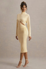 Pandora Pale Lemon Long Sleeve Maxi Dress With Cut Out