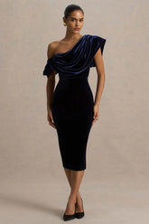 High End Navy Velvet Asymmetric Neck Midi Dress With Draped Detailing