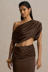 Entrapment Brown Satin Boat Neck Crop Top With Ruched Detailing