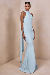 Cordy Powder Blue High Neck Maxi Dress With Cape