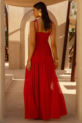 Maeva Red Square Neck Fishtail Maxi Dress With Ruched Detailing