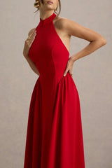 Cynthia Red High Neck Maxi Dress With Volume Skirt
