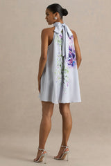 Evita Powder Blue Rose Print High Neck A Line Mini Dress With Bow