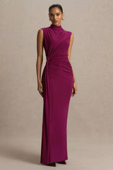 Solene Burgundy High Neck Maxi Dress With Wrap And Drape Detail