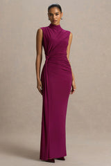 Solene Burgundy High Neck Maxi Dress With Wrap And Drape Detail