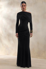 Kessara Black Asymmetric Neck Maxi Dress With Sash And Gathered Detailing
