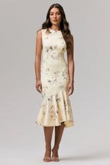 Priceless Lemon Print Crew Neck Fishtail Midi Dress