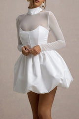 Tinkerbell White Satin Long Sleeve Puffball Mini Dress