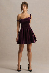 Leticia Burgundy Velvet Asymmetric Neck Velvet Mini Dress With Twist Sleeve