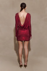 Darius Diamante Cowl Mini Dress Wine
