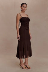 Willa Gathered Mesh Midi Dress Chocolate