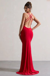 Lucky Day Red Cross Over Back Fishtail Maxi Dress